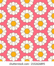 Cute cartoon groovy seamless pattern. 70s retro nostalgic textile design. Vintage geometric flowers 60s hippie style background. Floral checkerboard grid funny print.