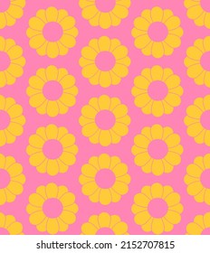 El tierno patrón de dibujos animados es impecable. Diseño textil retro nostálgico de los años 70. Flores geométricas vintage de fondo estilo hippie de los años 60. Cuadrícula de tablero de ajedrez floral.