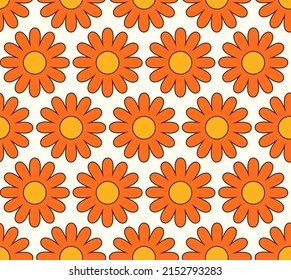 Cute cartoon groovy seamless pattern. 70s retro nostalgic textile design. Vintage geometric flowers 60s hippie style background. Floral checkerboard grid funny print.