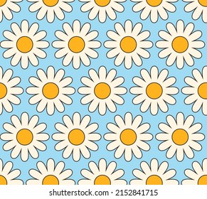 Cute cartoon groovy seamless pattern. 70s retro nostalgic textile design. Vintage geometric flowers 60s hippie style background. Floral checkerboard grid funny print.