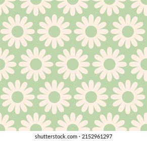 Cute cartoon groovy seamless pattern. 70s retro nostalgic textile design. Vintage geometric flowers 60s hippie style background. Floral checkerboard grid funny print.