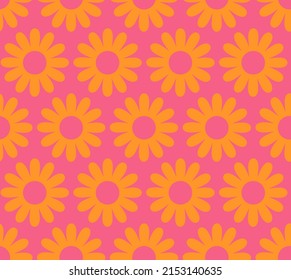 Cute cartoon groovy seamless pattern. 70s retro nostalgic textile design. Vintage geometric flowers 60s hippie style background. Floral checkerboard grid funny print.