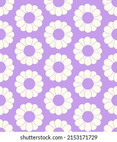 Cute cartoon groovy seamless pattern. 70s retro nostalgic textile design. Vintage geometric flowers 60s hippie style background. Floral checkerboard grid funny print.
