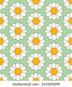 Cute cartoon groovy seamless pattern. 70s retro nostalgic textile design. Vintage geometric flowers 60s hippie style background. Floral checkerboard grid funny print.
