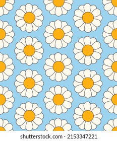 Cute cartoon groovy seamless pattern. 70s retro nostalgic textile design. Vintage geometric flowers 60s hippie style background. Floral checkerboard grid funny print.