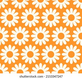 Cute cartoon groovy seamless pattern. 70s retro nostalgic textile design. Vintage geometric flowers 60s hippie style background. Floral checkerboard grid funny print.