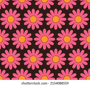 El tierno patrón de dibujos animados es impecable. Diseño textil retro nostálgico de los años 70. Flores geométricas vintage de fondo estilo hippie de los años 60. Cuadrícula de tablero de ajedrez floral.