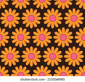 Cute cartoon groovy seamless pattern. 70s retro nostalgic textile design. Vintage geometric flowers 60s hippie style background. Floral checkerboard grid funny print.