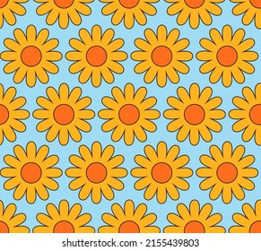 Cute cartoon groovy seamless pattern. 70s retro nostalgic textile design. Vintage geometric flowers 60s hippie style background. Floral checkerboard grid funny print.