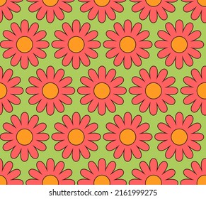 Cute cartoon groovy seamless pattern. 70s retro nostalgic textile design. Vintage geometric flowers 60s hippie style background. Floral checkerboard grid funny print.
