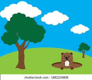 Cute cartoon groundhog emerging from a hole on groundhog day. Vector flat design illustration with background