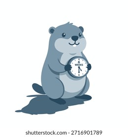 Uma marmota de desenho animado bonito segurando um relógio que diz 6 semanas, simbolizando o Dia da Marmota e prevendo a duração do inverno.