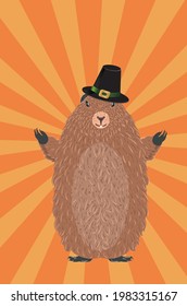 Cute cartoon groundhog over colorful retro rays background.