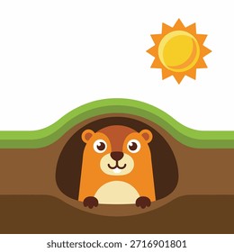 Una linda marmota de dibujos animados se asoma de su madriguera en un día soleado, con un sol amarillo brillante en el cielo.