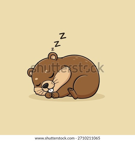 Cute cartoon groundhog sleeping curled up with a peaceful expression. Adorable wildlife illustration perfect for kids books, posters, stickers, nursery decor, hibernation themes, and educational mater