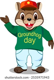 Cute cartoon groundhog stands at full height, shows his hand, animal in sportswear with the inscription Groundhog Day and in a cap Vector