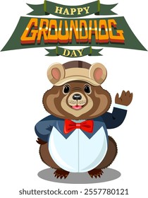 Cute cartoon groundhog in a tuxedo suit and a full-length hat with ears raised in greeting with the inscription Happy Groundhog Day in retro style Vector