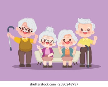 Cute cartoon group of happy elderly people character design. Grandparents day. Elderly or senior character. Vector premium.