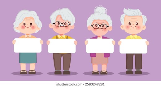 Cute cartoon group of happy elderly people holding a white placard. Grandparents day. Elderly or senior character. Vector premium.