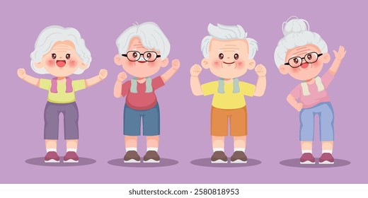 Cute cartoon group of happy elderly people exercising together. Grandparents day. Elderly or senior character. Vector premium.