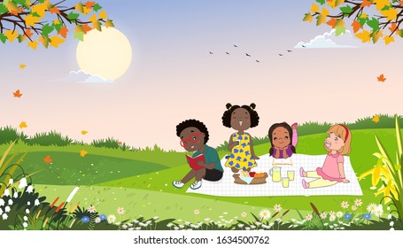 Cute cartoon group of kids having picnic in the park in sunny day spring or summer, Children sitting on blanket and eating sandwich and fresh juice for their lunch. Schoolchildren relaxing outdoor 