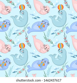 Cute cartoon group of seal play with ball in blue water.