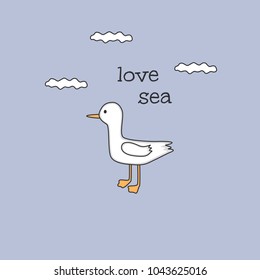 Cute cartoon gull whith clouds. Vector illustration. Hand Drawn card for birthday, anniversary, party invitations, scrapbooking.