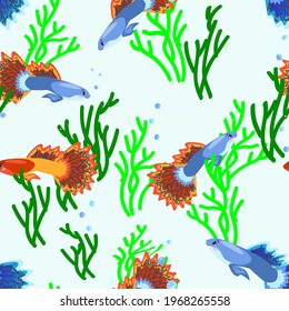 Cute cartoon guppy swim in seaweed. Seamless pattern in children's style, vector
