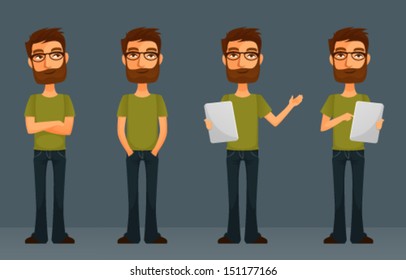 cute cartoon guy with beard and glasses, in various poses