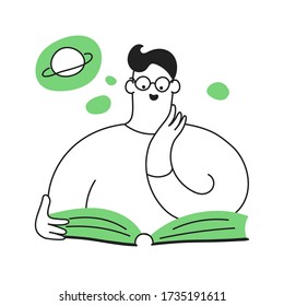 Cute cartoon guy with glasses reading the book. Above his head is a cloud of thoughts and fantasies. Education, learning, search for the information, concept. Cute line cartoon vector illustration.