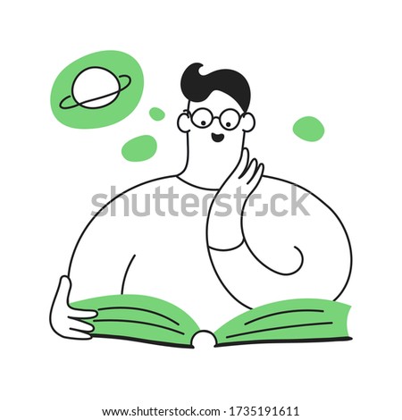 Cute cartoon guy with glasses reading the book. Above his head is a cloud of thoughts and fantasies. Education, learning, search for the information, concept. Cute line cartoon vector illustration.