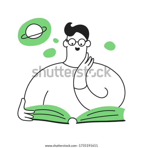 Cute cartoon guy with glasses reading the\
book. Above his head is a cloud of thoughts and fantasies.\
Education, learning, search for the information, concept. Cute line\
cartoon vector\
illustration.