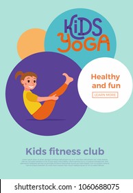 Cute cartoon gymnastics for children and healthy lifestyle sport illustration. Vector concept happy kids exercise poses and yoga asana flayer template for fitness design