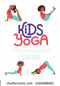 Cute cartoon gymnastics for children and healthy lifestyle sport illustration. Vector concept happy African kids exercise poses and yoga asana flayer template for fitness design