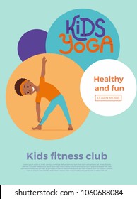 Cute cartoon gymnastics for children and healthy lifestyle sport illustration. Vector concept happy African kids exercise poses and yoga asana flayer template for fitness design