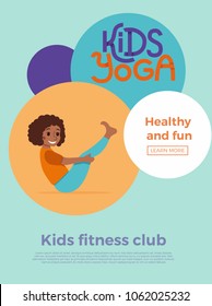 Cute cartoon gymnastics for children and healthy lifestyle sport illustration. Vector concept happy African kids exercise poses and yoga asana flayer template for fitness design