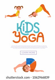 Cute cartoon gymnastics for children and healthy lifestyle sport illustration. Vector concept happy kids exercise poses and yoga asana flayer template for fitness design