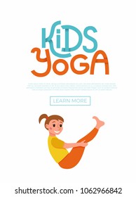 Cute cartoon gymnastics for children and healthy lifestyle sport illustration. Vector concept happy kids exercise poses and yoga asana flayer template for fitness design