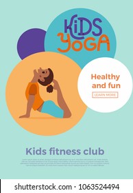 Cute cartoon gymnastics for children and healthy lifestyle sport illustration. Vector concept happy African kids exercise poses and yoga asana flayer template for fitness design