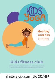 Cute cartoon gymnastics for children and healthy lifestyle sport illustration. Vector concept happy African kids exercise poses and yoga asana flayer template for fitness design