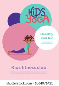 Cute cartoon gymnastics for children and healthy lifestyle sport illustration. Vector concept happy African kids exercise poses and yoga asana flayer template for fitness design