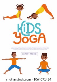 Cute cartoon gymnastics for children and healthy lifestyle sport illustration. Vector concept happy African kids exercise poses and yoga asana flayer template for fitness design