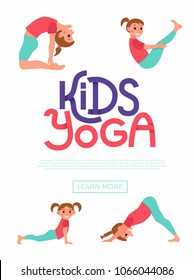 Cute cartoon gymnastics for children and healthy lifestyle sport illustration. Vector concept happy kids exercise poses and yoga asana flayer template for fitness design