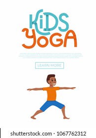 Cute cartoon gymnastics for children and healthy lifestyle sport illustration. Vector concept happy African kids exercise poses and yoga asana flayer template for fitness design