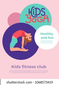 Cute cartoon gymnastics for children and healthy lifestyle sport illustration. Vector concept happy kids exercise poses and yoga asana flayer template for fitness design