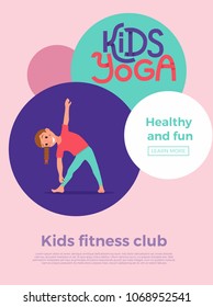 Cute cartoon gymnastics for children and healthy lifestyle sport illustration. Vector concept happy kids exercise poses and yoga asana flayer template for fitness design