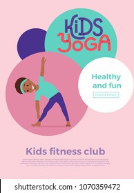 Cute cartoon gymnastics for children and healthy lifestyle sport illustration. Vector concept happy African kids exercise poses and yoga asana flayer template for fitness design