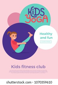 Cute cartoon gymnastics for children and healthy lifestyle sport illustration. Vector concept happy kids exercise poses and yoga asana flayer template for fitness design