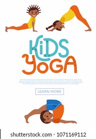 Gimnasia de dibujos animados para niños e ilustración deportiva de estilo de vida saludable. Concepto de vector feliz niños africanos poses y plancha de capas de yoga asana para el diseño de fitness