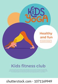 Cute cartoon gymnastics for children and healthy lifestyle sport illustration. Vector concept happy kids exercise poses and yoga asana flayer template for fitness design